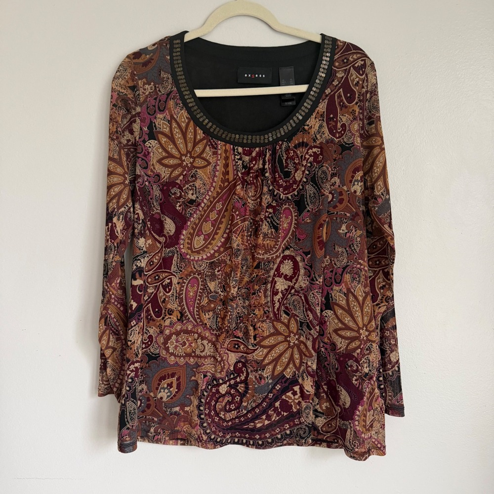 Axcess Womens XL‎ Paisley Mesh Long Sleeve Blouse Sequin Neck Brown Red Boho Top